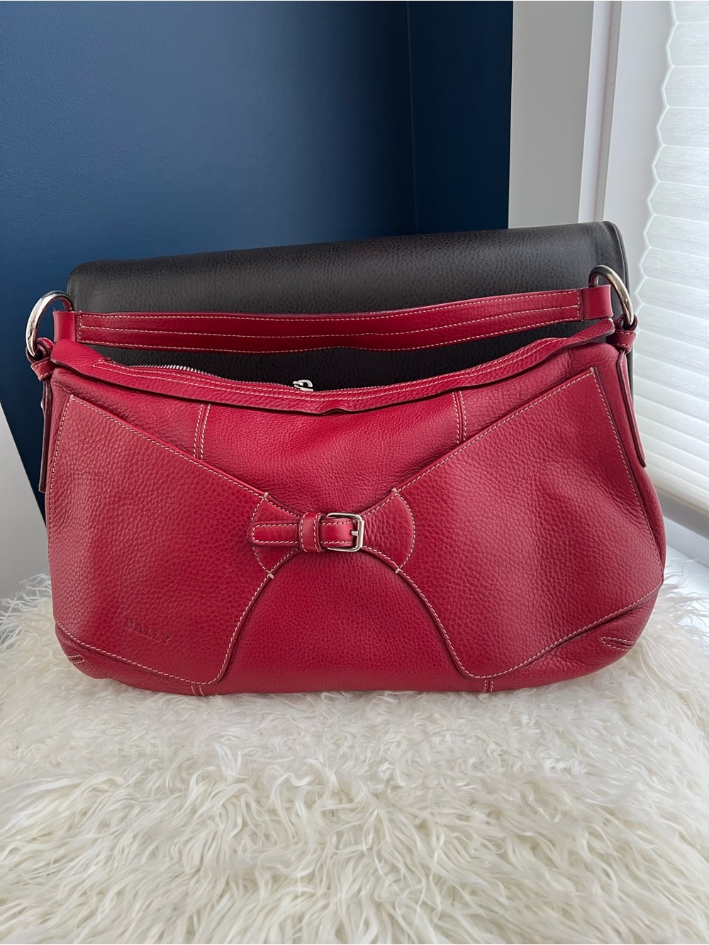 Bally Red Pebbled Leather Shoulder Bag with Bow Accent